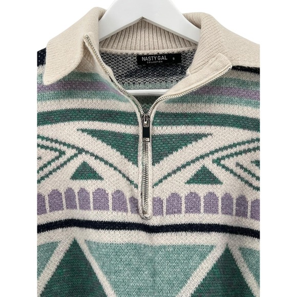 Nasty Gal Sweater‎ Womens Small Green Purple Aztec Knit Quarter Zip Boxy Comfy - Picture 3 of 8